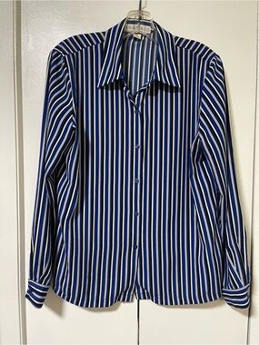 Chaus & Co.  Blue and White Vertical Stripe Button-Down Shirt